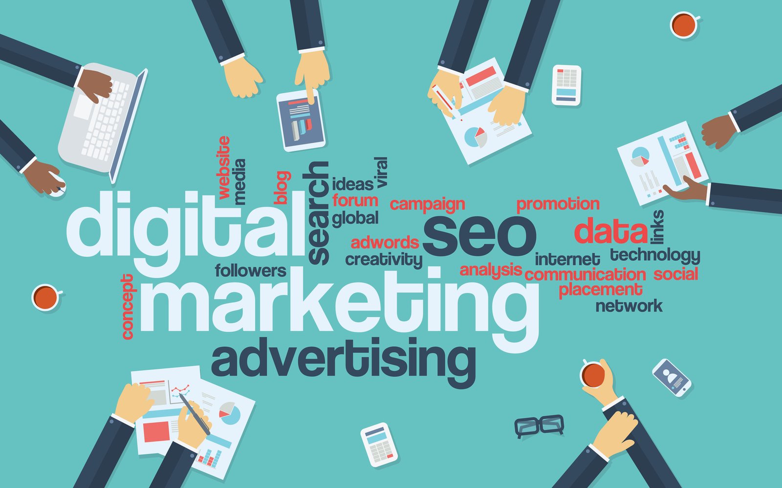 Digital marketing concept infographics vector background. Word cloud with online advertising keywords and managers analysing data preparing strategy or campaign.